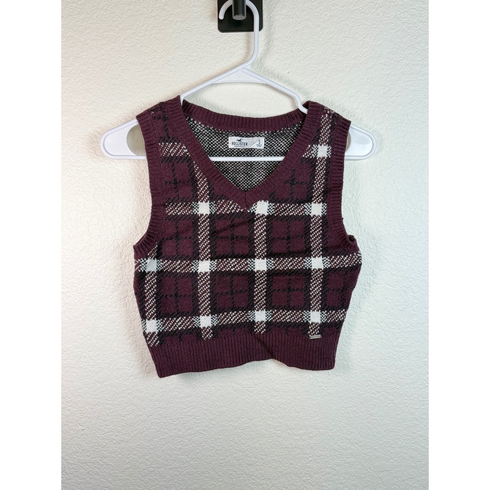 HOLLISTER Womens S Burgundy Plaid Cropped V Neck Sweater Vest Preppy Academia